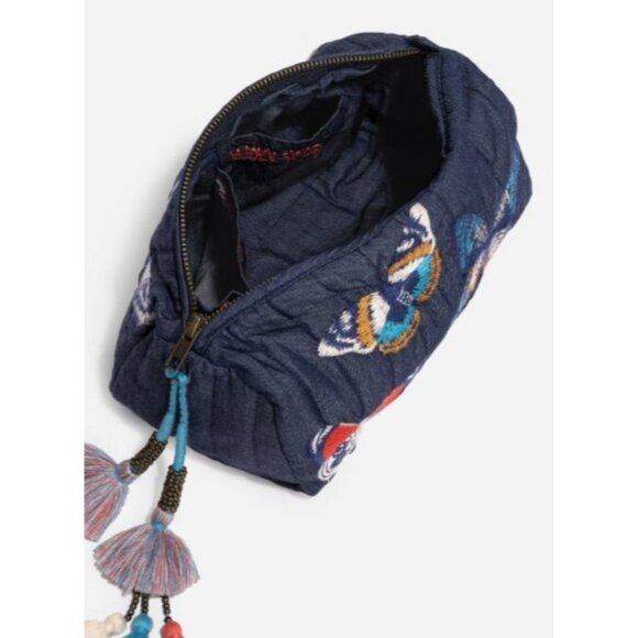 New Johnny Was Paradisio Quilted Denim Makeup Bag with Butterflies & Tassles - Picture 5 of 13